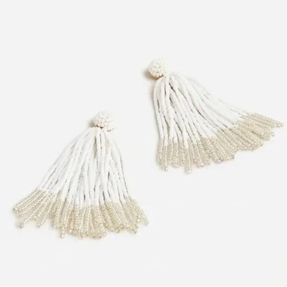 J.Crew White & Silver Beaded Tassel Statement Earrings Brand New! - Picture 2 of 5